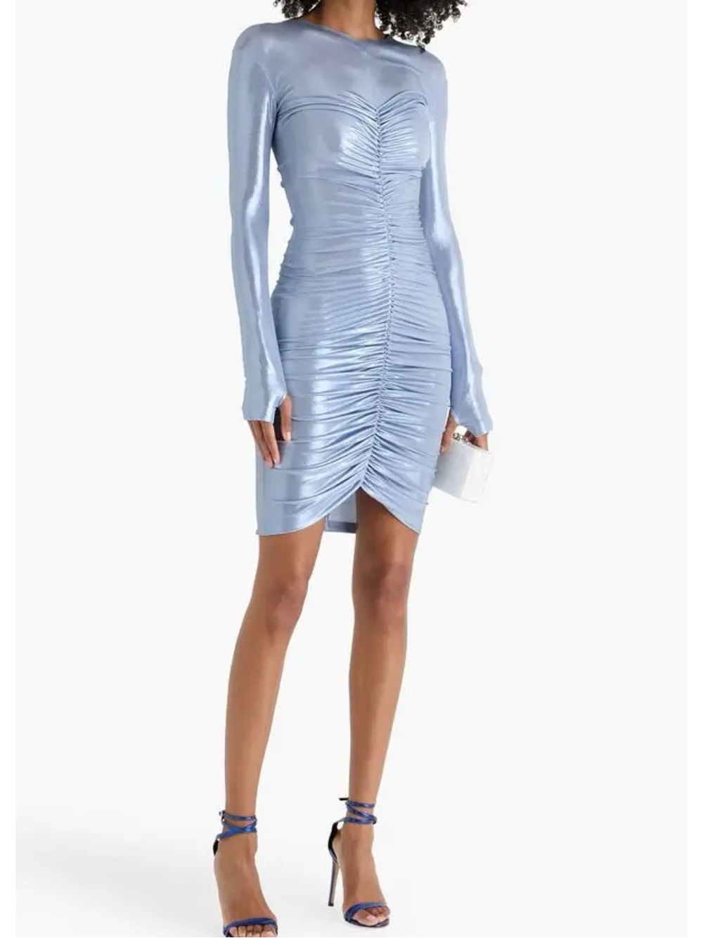 Norma Kamali Ruched Metallic Lamé Long-Sleeve Mini Dress in Light Blue Size S